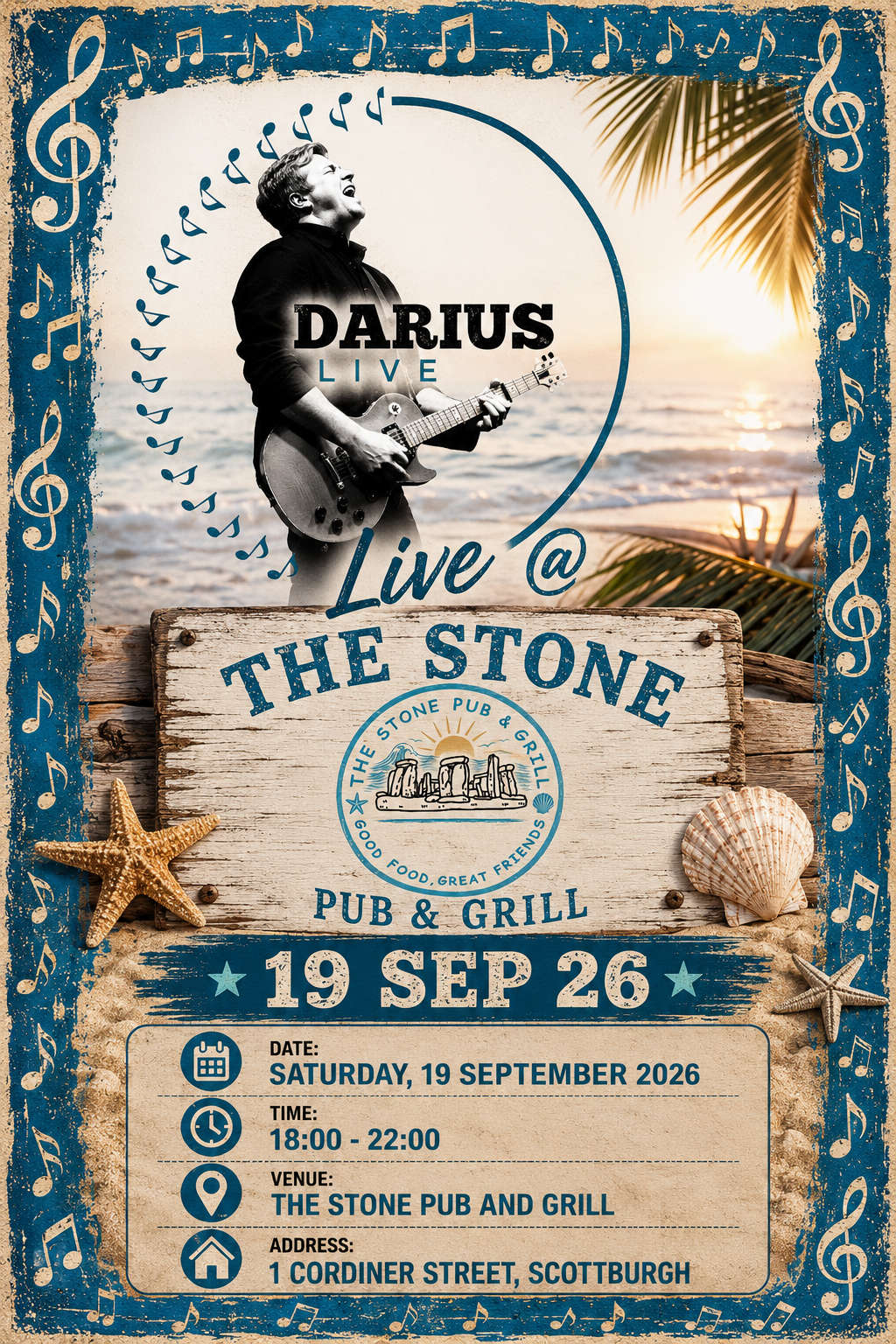Darius live at the Stone Pub and Grill19 September poster.
